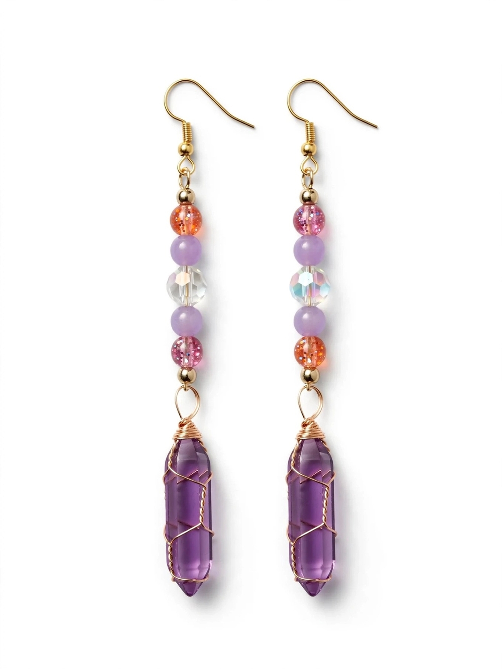 Handmade Amethyst Drop Bead Earrings - Purple Crystal Dangle